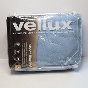 Vellux Sheet Blanket King Light Blue New 100% Cotton Textured 2-in-1 All Season